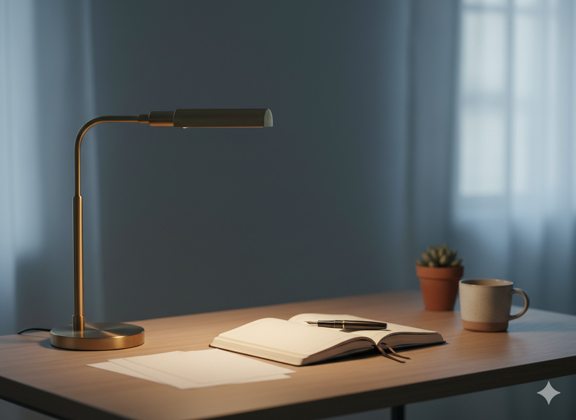 Yksinkertainen kuva työtilasta, jossa on lamppu ja muistikirja rauhallisessa valaistuksessa.