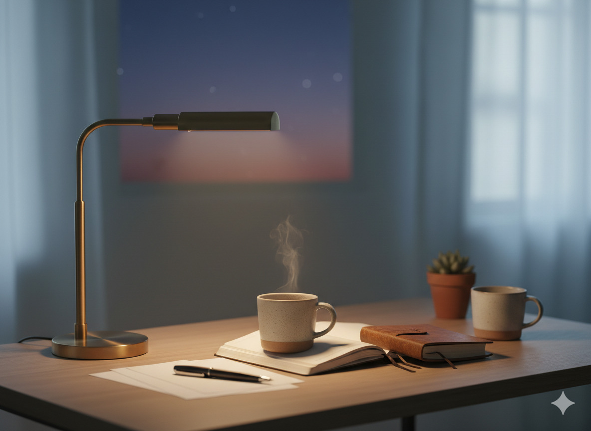 Aamuhämärä ikkunassa, kevyt valo ja kahvikuppi pöydällä.